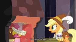 Size: 636x354 | Tagged: safe, screencap, applejack, chancellor puddinghead, pinkie pie, smart cookie, g4, hearth's warming eve (episode), drugs, hearth's warming eve, hub logo, youtube caption