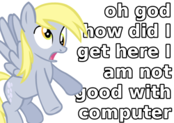 Size: 555x393 | Tagged: safe, derpy hooves, pegasus, pony, g4, caption, female, mare, meme, reaction image, solo