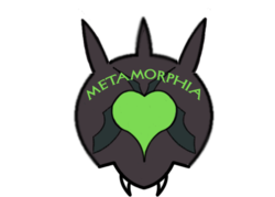 Size: 504x360 | Tagged: safe, artist:shirlendra, changeling, fangs, heart, horn, patch, simple background, text, transparent background