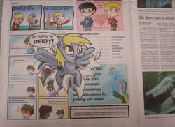 Size: 2358x1712 | Tagged: safe, artist:jhucartoons, derpy hooves, rainbow dash, pegasus, pony, .mov, g4, comic, female, irl, lucky star, mare, newspaper, parody