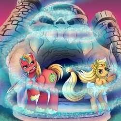 Size: 1275x1275 | Tagged: safe, artist:cbs, applejack, big macintosh, earth pony, pony, g4, grayskull castle, he-man, male, parody, she-ra, stallion, sword