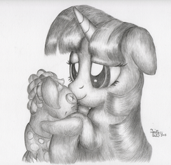 Size: 2000x1916 | Tagged: safe, artist:kuroitsubasatenshi, smarty pants, twilight sparkle, g4, d'aw, monochrome, snuggling