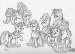 Size: 1600x1163 | Tagged: safe, artist:kuroitsubasatenshi, applejack, fluttershy, pinkie pie, rainbow dash, rarity, spike, twilight sparkle, g4, group gathering, monochrome, pinkie pie antics