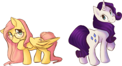 Size: 900x491 | Tagged: safe, artist:widdlez, fluttershy, rarity, pegasus, pony, unicorn, g4, duo, female, glasses, looking at you, looking back, looking back at you, mare, raised hoof, simple background, smiling, standing, three quarter view, transparent background, wings