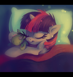 Size: 900x950 | Tagged: dead source, safe, artist:feyrah, smarty pants, twilight sparkle, pony, unicorn, g4, bed, blanket, duo, eyes closed, female, filly, filly twilight sparkle, pillow, sleeping, smiling, younger