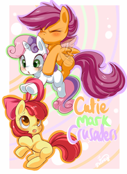 Size: 712x973 | Tagged: safe, artist:shineymagic, apple bloom, scootaloo, sweetie belle, earth pony, pegasus, pony, unicorn, g4, :o, abstract background, adorabloom, apple bloom's bow, blank flank, blushing, bow, cute, cutealoo, cutie mark, cutie mark crusaders, diasweetes, eyes closed, female, filly, flapping, flapping wings, flying, foal, hair bow, open mouth, signature, spread wings, trio, wings