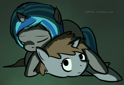 Size: 1004x690 | Tagged: safe, artist:johnnoz, oc, oc only, oc:homage, oc:littlepip, pony, unicorn, fallout equestria, cuddling, eyes closed, fanfic, fanfic art, female, hooves, horn, lesbian, lying down, mare, oc x oc, ship:pipmage, shipping, sleeping