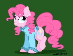 Size: 1000x768 | Tagged: safe, artist:cobracookies, pinkie pie, pony, alternate hairstyle, clothes, cute, diapinkes, female, green background, pigtails, simple background, solo, sweater