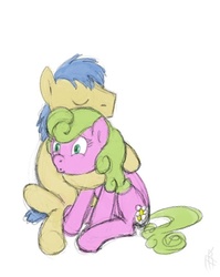 Size: 477x600 | Tagged: safe, artist:carnifex, daisy, flower wishes, goldengrape, sir colton vines iii, earth pony, pony, g4, daisygrape, female, hug, male, mare, shipping, stallion, straight