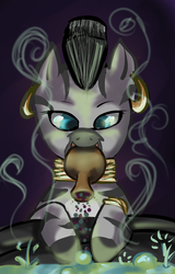 Size: 1400x2182 | Tagged: safe, artist:rppirate, zecora, zebra, g4, brew, bubbling, cauldron, dark background, female, looking down, mouth hold, potion, pouring, solo, steam