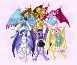 Size: 1300x1105 | Tagged: safe, artist:briannacherrygarcia, applejack, fluttershy, pinkie pie, rainbow dash, rarity, twilight sparkle, gargoyle, g4, disney, disney style, gargoyles, mane six, my little x, species swap