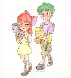 Size: 918x1001 | Tagged: safe, artist:claireannecarr, apple bloom, spike, human, g4, blushing, female, humanized, male, plushie, ship:spikebloom, shipping, spike plushie, straight