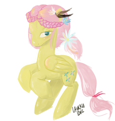 Size: 1034x1092 | Tagged: safe, artist:1eg, fluttershy, pegasus, pony, g4, alternate hairstyle, braid, female, flower, flower in hair, folded wings, looking at you, mare, rearing, simple background, solo, three quarter view, twin braids, white background, wings