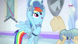 Size: 400x225 | Tagged: safe, screencap, rainbow dash, pegasus, pony, g4, season 3, the crystal empire, animated, armor, bipedal, crystal empire, crystal guard armor, female, hub logo, jousting, jousting outfit, solo, the ballad of the crystal empire