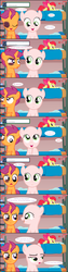 Size: 1290x5080 | Tagged: safe, artist:jan, apple bloom, scootaloo, sweetie belle, ask the crusaders, vocational death cruise, g4, ask, black eye, comic, cutie mark crusaders, do you like bananas?, earth pony sweetie belle, pegasus apple bloom, sweetie bald, unicorn scootaloo
