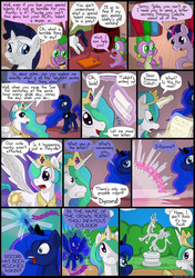 Size: 850x1205 | Tagged: safe, artist:fadri, princess celestia, princess luna, rarity, spike, twilight sparkle, comic:and that's how equestria was made, g4, comic, the flank anomaly