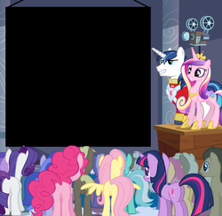 Size: 1024x1000 | Tagged: safe, amethyst star, coco crusoe, dizzy twister, doctor whooves, fluttershy, lyra heartstrings, mjölna, orange swirl, pinkie pie, princess cadance, rarity, sea swirl, seafoam, shining armor, silver spanner, sparkler, time turner, twilight sparkle, welch, alicorn, earth pony, pegasus, pony, unicorn, g4, official, background pony, background pony audience, blank, butt, exploitable, female, flutterbutt, hasbro, insert picture here, male, mare, meme, plot, projector, stallion, template, unicorn twilight, wedding video projector meme