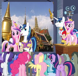 Size: 511x500 | Tagged: safe, doctor whooves, fluttershy, lyra heartstrings, pinkie pie, princess cadance, rarity, shining armor, time turner, twilight sparkle, earth pony, pegasus, pony, unicorn, g4, bangkok, female, male, mare, projector, ship:shiningcadance, shipping, stallion, straight, thailand