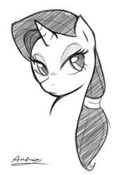 Size: 798x1094 | Tagged: safe, artist:ambris, rarity, pony, g4, bust, female, grayscale, monochrome, ponytail, portrait, solo