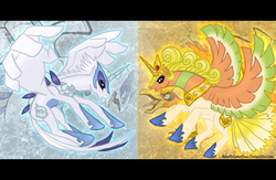 Size: 1000x650 | Tagged: safe, artist:renepolumorfous, alicorn, ho-oh, lugia, pony, pokémon, ponified