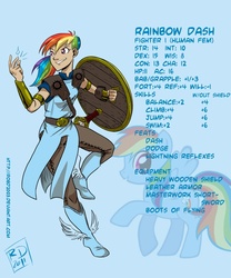 Size: 750x900 | Tagged: safe, artist:robd2003, rainbow dash, human, g4, dungeons and dragons, fantasy class, humanized, shield, sword, text, weapon, winged shoes