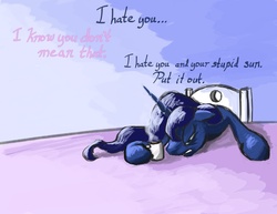 Size: 1024x791 | Tagged: safe, artist:gyrik22, princess luna, pony, g4, angry, coffee, female, morning ponies, solo