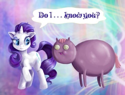 Size: 1047x800 | Tagged: safe, artist:voodoo-tiki, rarity, pony, unicorn, g4, :t, adventure time, clothes, costume, crossover, dialogue, female, male, mare, poo brain, raised hoof