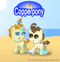 Size: 900x938 | Tagged: safe, artist:aleximusprime, pound cake, pumpkin cake, pegasus, pony, unicorn, g4, baby, baby pony, beach, butt, cake twins, coppertone parody, diaper, diaper pulled down, plot, siblings, twins