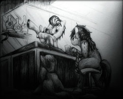 Size: 600x479 | Tagged: safe, artist:11meister, oc, oc only, pony, alcohol, barstool, black and white, drink, grayscale, looking at each other, looking at someone, monochrome, sitting, traditional art