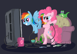 Size: 4320x3052 | Tagged: safe, artist:template93, gummy, pinkie pie, rainbow dash, pony, g4, bipedal, couch, high res, pet, television, trio, video game
