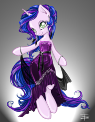 Size: 701x900 | Tagged: safe, artist:tt-n, oc, oc only, oc:parka posy, pony, unicorn, semi-anthro, bipedal, clothes, dress, female, jewelry, long tail, mare, solo, updo