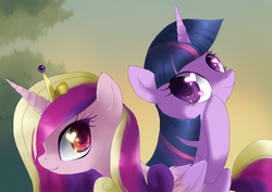 Size: 708x500 | Tagged: dead source, safe, artist:loyaldis, princess cadance, twilight sparkle, pony, g4, duo, female, heart eyes, sisters-in-law, wingding eyes