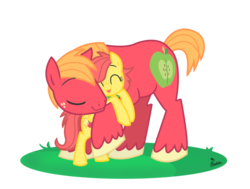 Size: 800x606 | Tagged: safe, artist:thephoebster, big macintosh, oc, oc:suncrisp, earth pony, pony, g4, father and daughter, filly, hug, male, offspring, parent:big macintosh, parent:fluttershy, parents:fluttermac, stallion