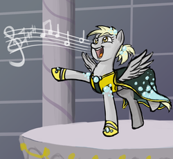 Size: 800x738 | Tagged: safe, artist:lemondevil, derpy hooves, pegasus, pony, g4, clothes, cute, dress, female, gala dress, mare, music notes, open mouth, raised hoof, raised leg, singing, smiling, solo, spread wings