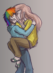 Size: 1000x1382 | Tagged: safe, artist:lemondevil, fluttershy, rainbow dash, human, g4, clothes, duo, female, humanized, kiss on the lips, kissing, lesbian, ship:flutterdash, shipping, sketch, sweater, sweatershy