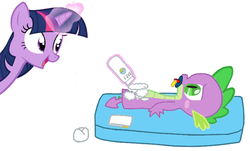 Size: 732x441 | Tagged: safe, artist:r55, spike, twilight sparkle, g4, baby, baby powder, changing mat, diaper, diaper change, diapering, pacifier