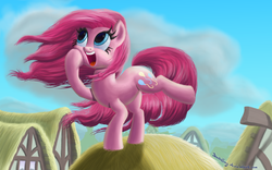 Size: 1024x640 | Tagged: safe, artist:deathpwny, pinkie pie, earth pony, pony, g4, beautiful, female, happy, mare, open mouth, solo, windswept mane