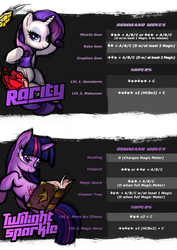 Size: 707x1000 | Tagged: safe, rarity, twilight sparkle, pony, unicorn, fighting is magic, g4, moves list, text