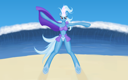 Size: 1920x1200 | Tagged: safe, artist:funkybacon, trixie, anthro, g4, arm hooves, beach, bikini, breasts, busty trixie, clothes, female, skinny, swimsuit, thin