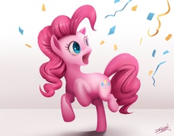Size: 1212x951 | Tagged: safe, artist:dfer32, pinkie pie, earth pony, pony, g4, bust, confetti, cropped, cute, diapinkes, female, gasp, gradient background, happy, open mouth, open smile, pog, ponk, portrait, raised hoof, raised leg, reaction image, rearing, simple background, smiling, solo, streamers, weh, white background