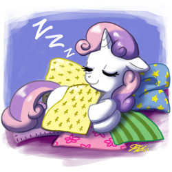 Size: 900x900 | Tagged: safe, artist:johnjoseco, sweetie belle, pony, unicorn, g4, blanket, cute, eyes closed, female, filly, floppy ears, foal, signature, sleeping, solo, zzz