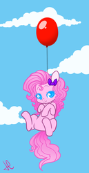 Size: 585x1138 | Tagged: dead source, safe, artist:lolopan, pinkie pie, earth pony, pony, g4, balloon, bow, colored eyelashes, colored pupils, cute, diapinkes, featureless crotch, female, hooves to the chest, looking at you, mare, pinkie being pinkie, pinkie physics, signature, smiling, solo, then watch her balloons lift her up to the sky