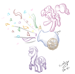 Size: 1023x1016 | Tagged: safe, artist:kudalyn, pinkie pie, rarity, earth pony, pony, unicorn, g4, beatnik rarity, beret, clothes, duo, female, hat, party cannon, simple background, white background