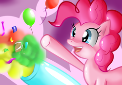 Size: 1000x700 | Tagged: safe, artist:dazko, pinkie pie, earth pony, pony, g4, balloon, cannon, female, partillery, party cannon, solo