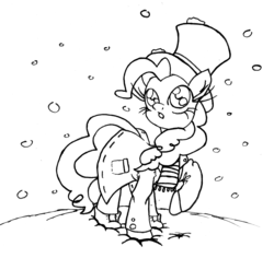Size: 1806x1707 | Tagged: safe, artist:leadhooves, pinkie pie, pony, g4, clothes, female, hat, monochrome, scarf, snow, snowfall, solo, top hat