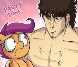 Size: 700x600 | Tagged: safe, artist:uc77, scootaloo, human, g4, crossover, duo, hokuto no ken, implied scootabuse, kenshiro