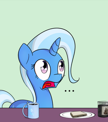 Size: 485x545 | Tagged: safe, artist:subjectnumber2394, trixie, pony, unicorn, g4, coffee, female, mare, reaction image, sandwich, solo