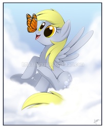 Size: 752x919 | Tagged: safe, artist:nyaasu, derpy hooves, butterfly, pegasus, pony, g4, female, mare, solo, watermark