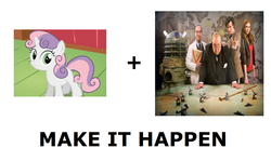 Size: 1337x796 | Tagged: safe, sweetie belle, human, pony, robot, robot pony, unicorn, g4, dalek, doctor who, exploitable meme, female, filly, foal, glasses, hooves, horn, irl, irl human, make it happen, male, meta, photo, sweetie bot