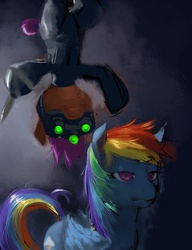 Size: 590x767 | Tagged: safe, artist:citlalicue, artist:idlecum, rainbow dash, scootaloo, g4, knife, parody, splinter cell, upside down